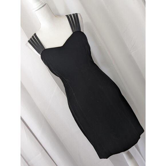 ONE + ONE! BLACK STRETCH VELVET, QUAD RIBBON WOVEN BACK, STRAPS DRESS! SZ 8 - Picture 9 of 10